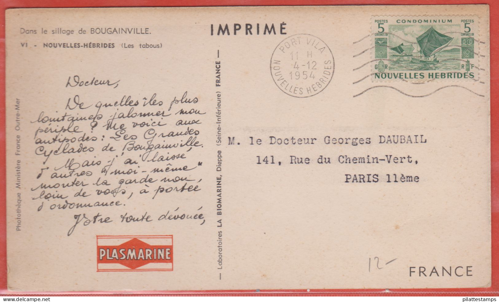 NOUVELLES HEBRIDES CARTE PUBLICITAIRE PHARMACEUTIQUE DE 1954 DE PORT VILA - Briefe U. Dokumente