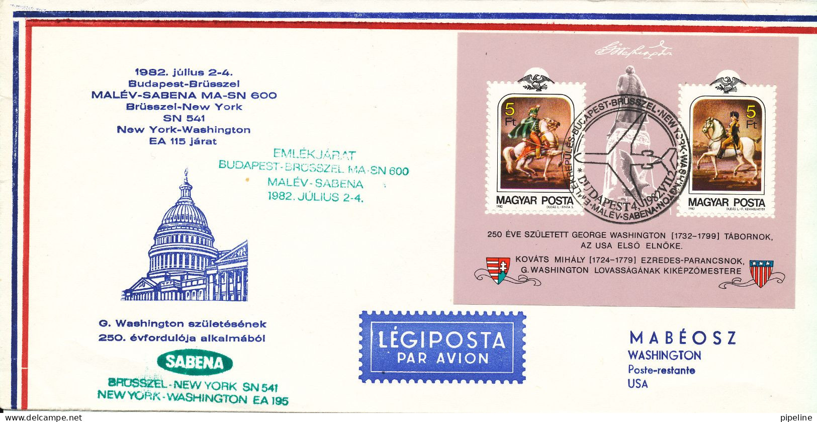 Hungary Air Mail Cover Special Flight Malev Sabena Budapest- Bruxelles - New York - Washington 2-7-1982 With Cachet - Lettres & Documents