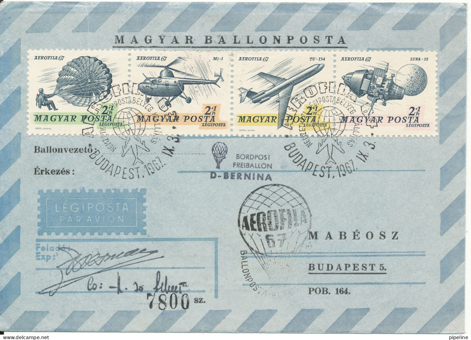 Hungary Ballonpost Air Mail Cover Budapest 3-9-1967 Aerofila 1967 Complete Set In A Strip Of 4 Very Nice Cover - Lettres & Documents