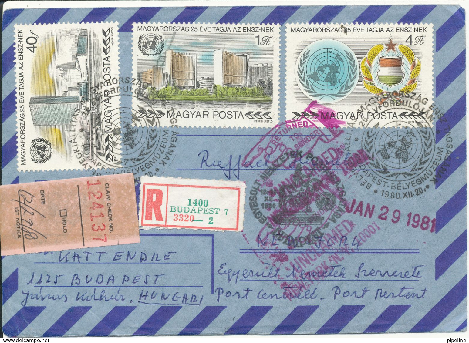 Hungary Registered Air Mail Cover Sent To USA 20-12-1980 Unclaimed And Returned To Sender With A Lot Of Stamps On Front - Storia Postale