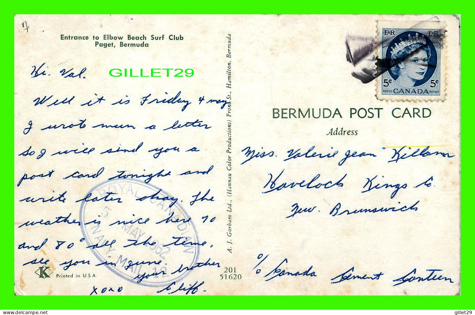 PAGET, BERMUDA - ENTRANCE TO ELBOW BEACH SURF CLUB - TRAVEL IN 1962 - OLD CAR - A. J. GORBAM LTD - - Bermuda