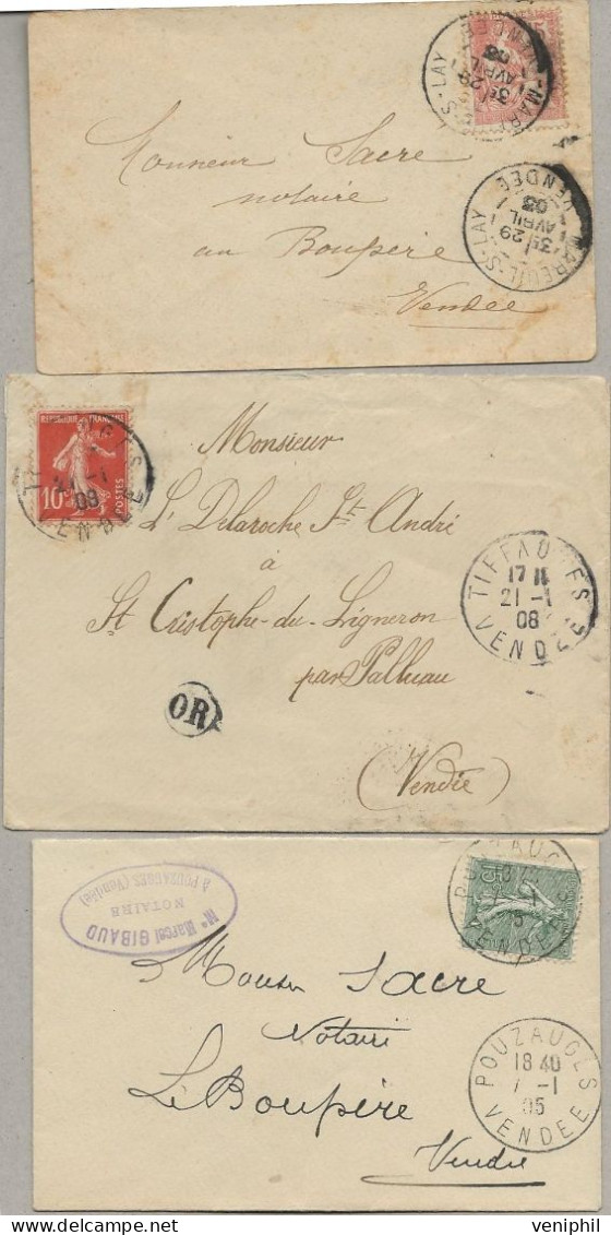VENDEE - 3 LETTRES  OBLITERATION  POUZAUGES - MAREUIL SUR LAY - TIFFAU -ANNEE 1903-1905-1908 - - Mechanical Postmarks (Other)