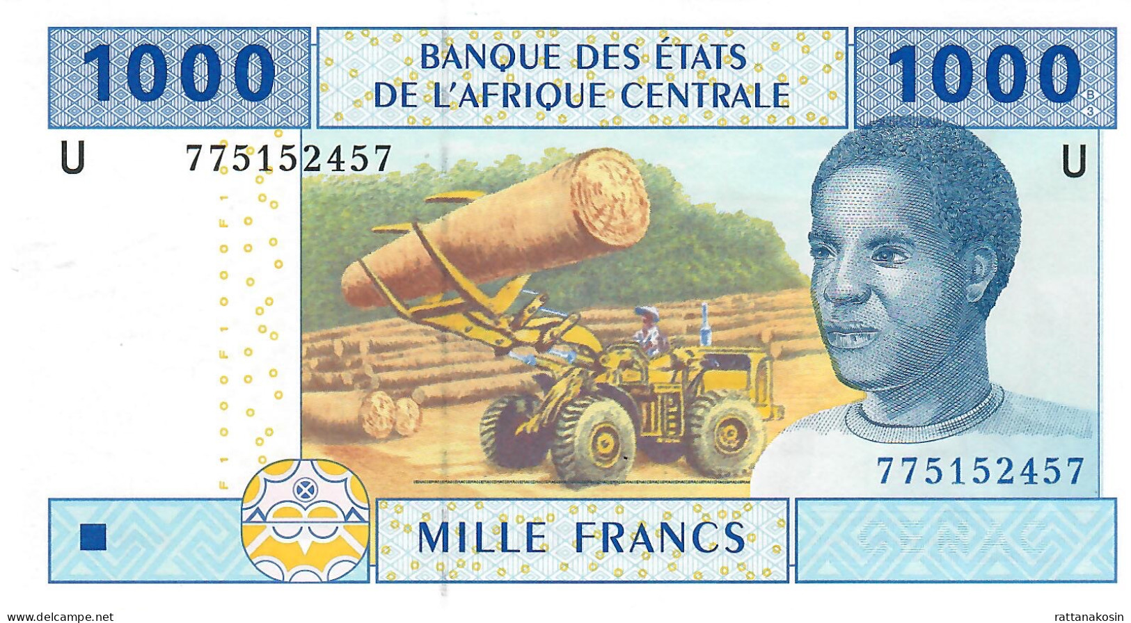 C.A.S. CAMEROON LETTER U  B207Ue 1000 FRANCS 2002 Issued 2017 Signature 12     UNC. - Central African States