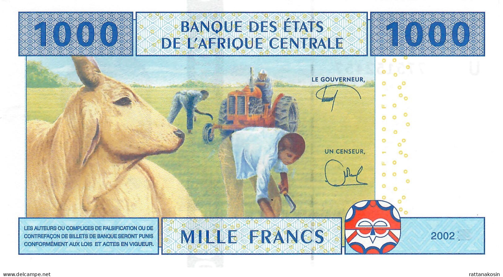 C.A.S. CAMEROON LETTER U  B207Ue 1000 FRANCS 2002 Issued 2017 Signature 12     UNC. - États D'Afrique Centrale