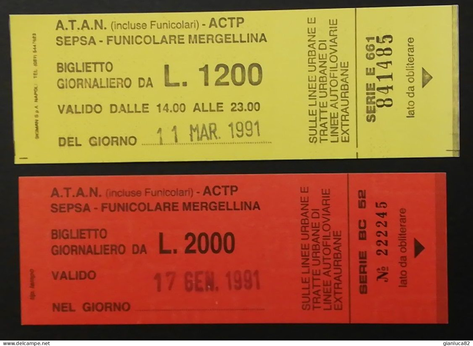 Lotto N. 2 Biglietti Giornalieri ATAN-ACTP-SEPSA- FUNICOLARE 1991 (89) Come Da Foto Biglietto Da 1200 E 2000 Lire - Europe