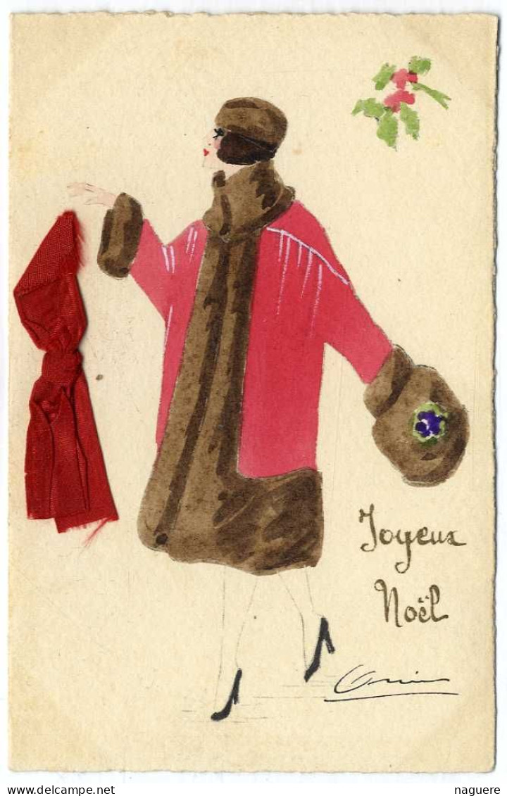 PORTRAIT FEMME  AVEC CHAPEAU  ET RUBAN   -  REALISE DIRECTEMENT SUR CARTE POSTALE  -  SIGNEE  1914  -  DOUBLE VOLET - Radierungen