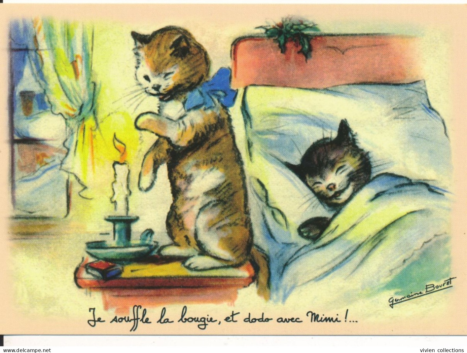Carte Illustrateur Germaine Bouret Je Souffle La Bougie Et Dodo Avec Mimi - Chat - Bouret, Germaine