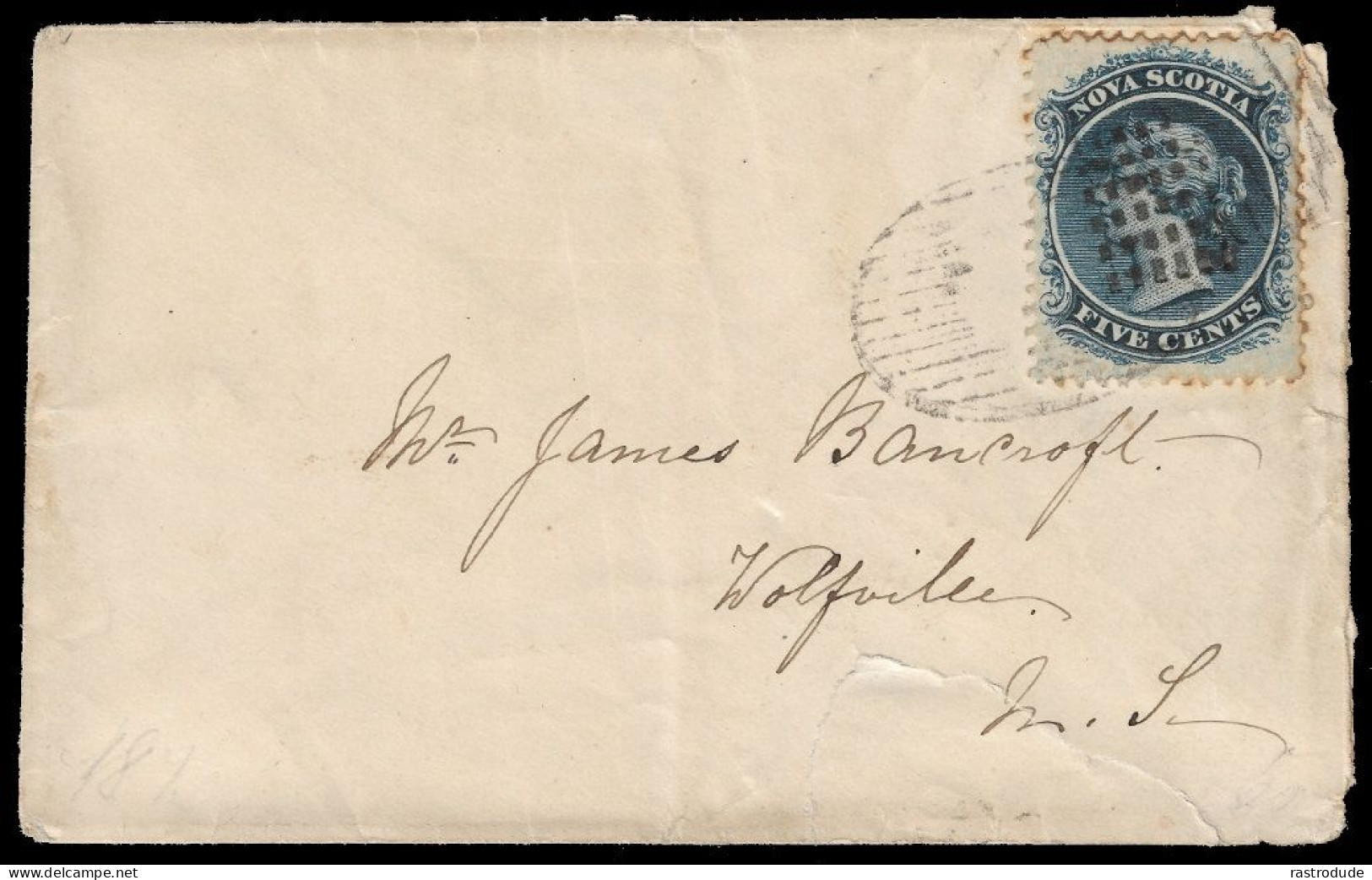 1864 VERY RARE - NOVA SCOTIA COVER 5C ON WHITE PAPER CANCELLED BY UNRECORDED MUTE 64 POINT CANCEL - Storia Postale