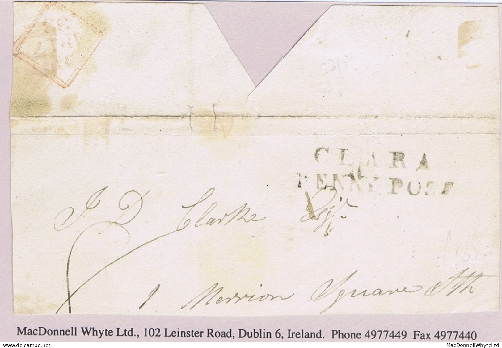 Ireland Offaly 1833 Large Piece To Dublin At "8" With CLARA/PENNY POST (posted At Ballycumber RH) - Prephilately