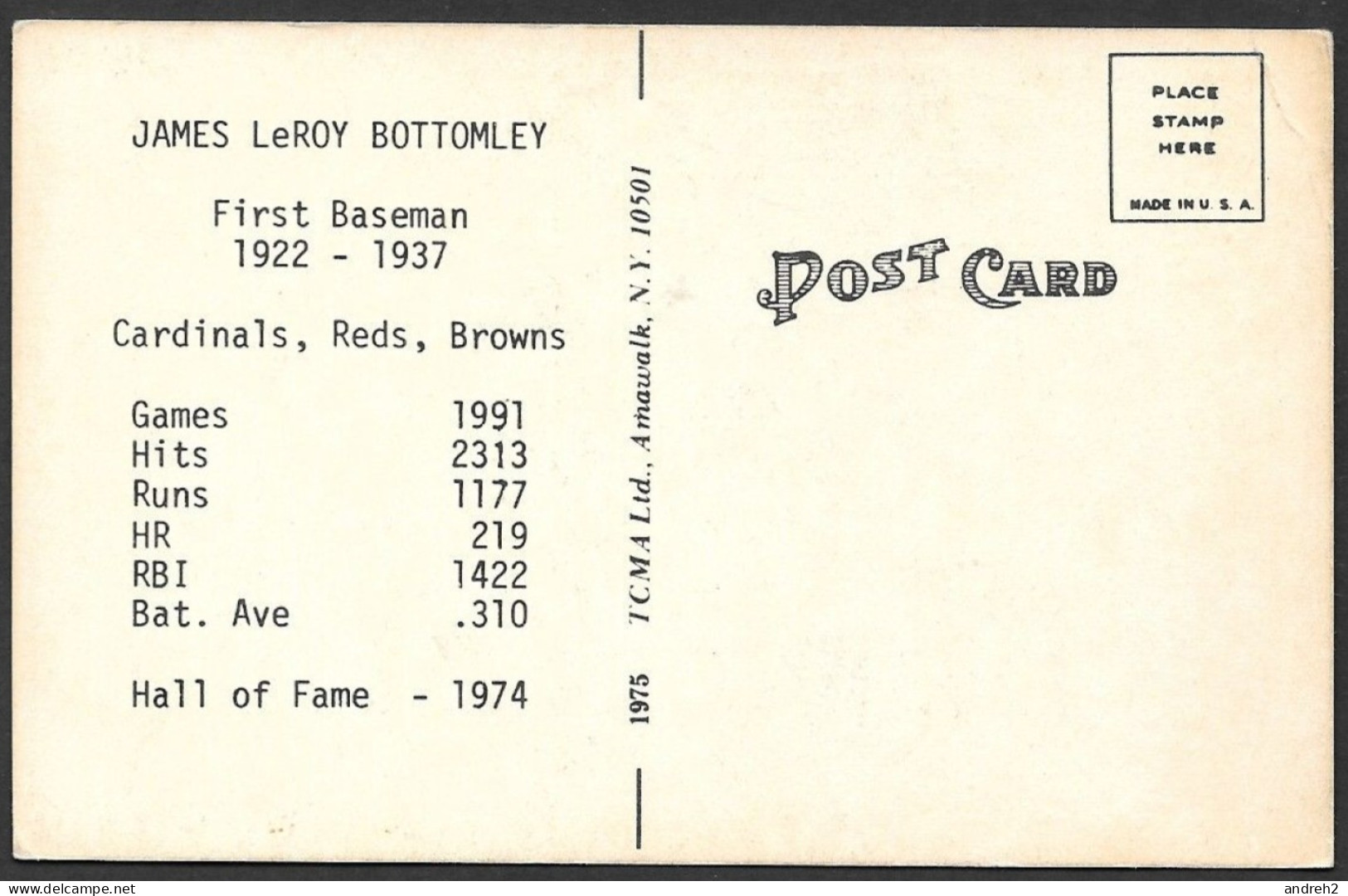 Sports > Baseball - C.P.A. Cardinals - Reds - Browns - James LeRoy Bottomley - First Baseman 1922-1937 Hall Of Fame 1974 - Baseball