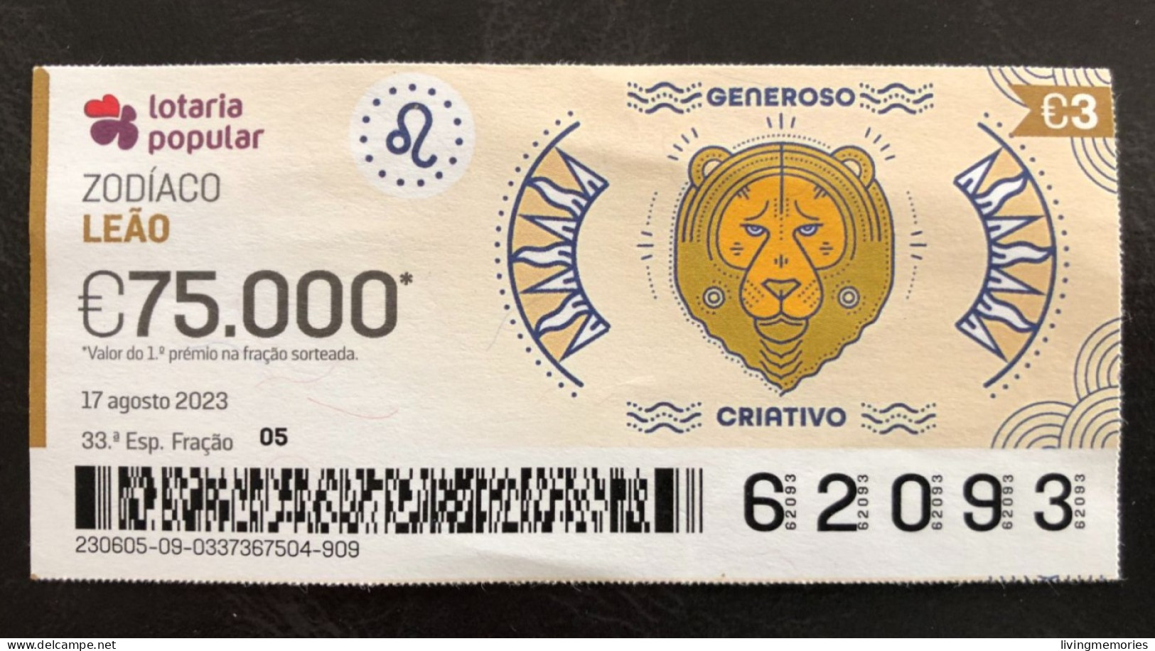 114 F, 1 X Lottery Ticket, Portugal, « Zodíaco, LEÃO», « ZODIAC, LEO »,  2023 - Billets De Loterie