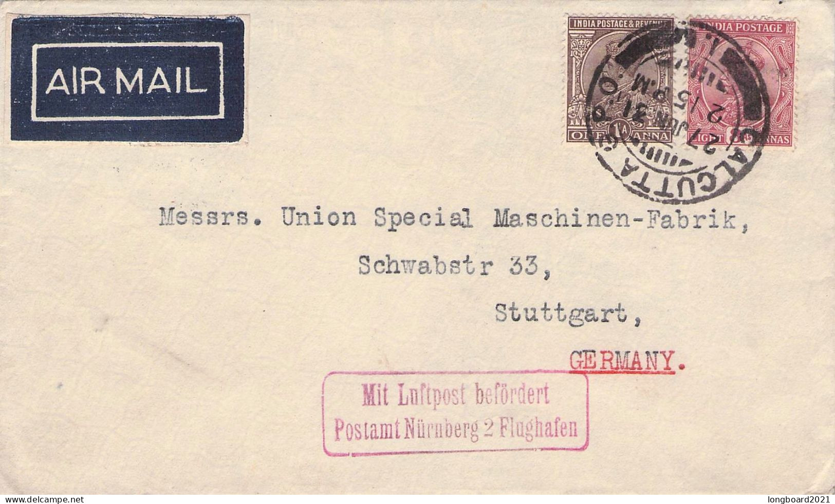 INDIA - AIRMAIL 1931 CALCUTTA - STUTTGART / 2166 - 1911-35 Koning George V