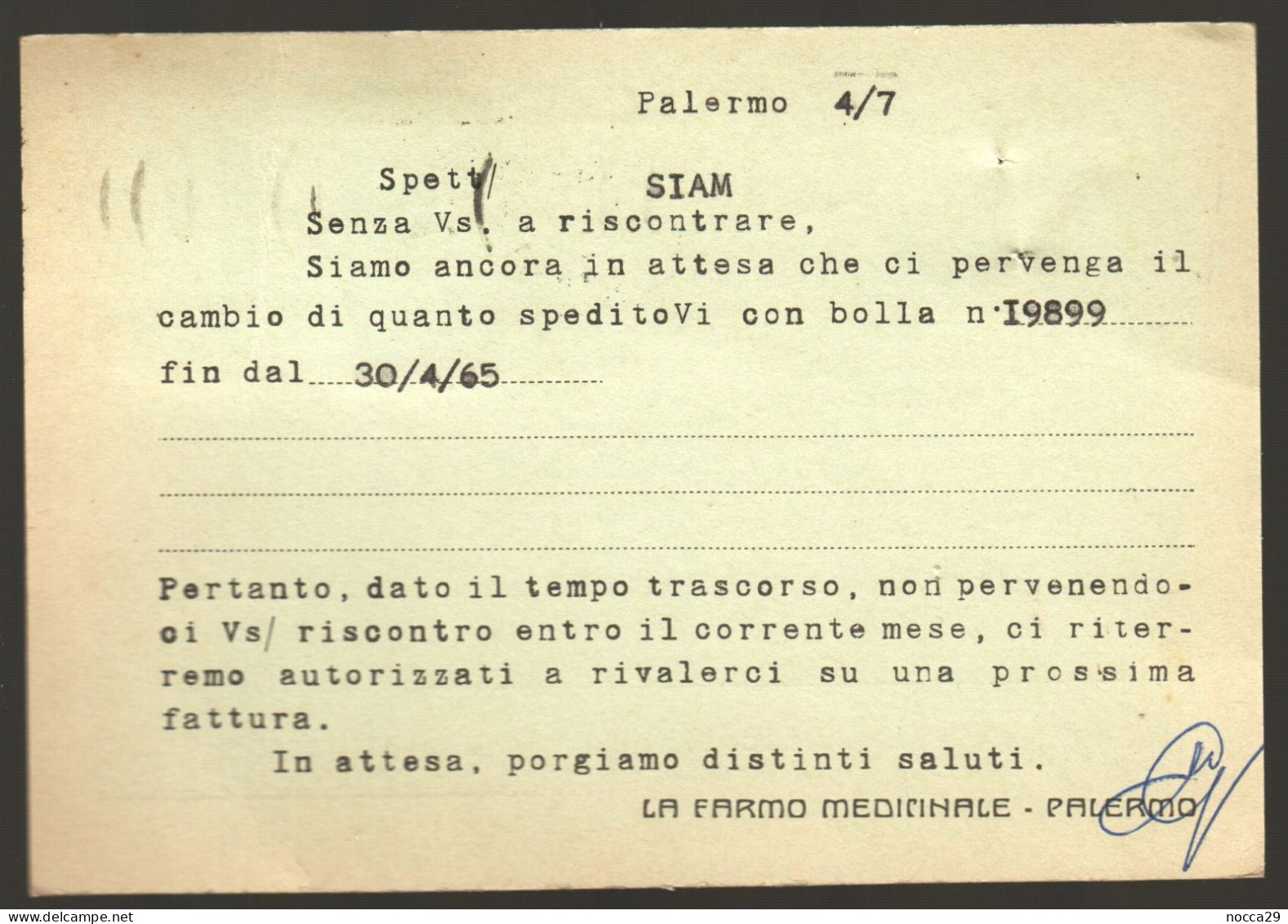 CARTOLINA COMMERCIALE - PALERMO - 1965 LA FARMO MEDICINALE DI SVELATO GERLANDO (INT578) - Mercaderes