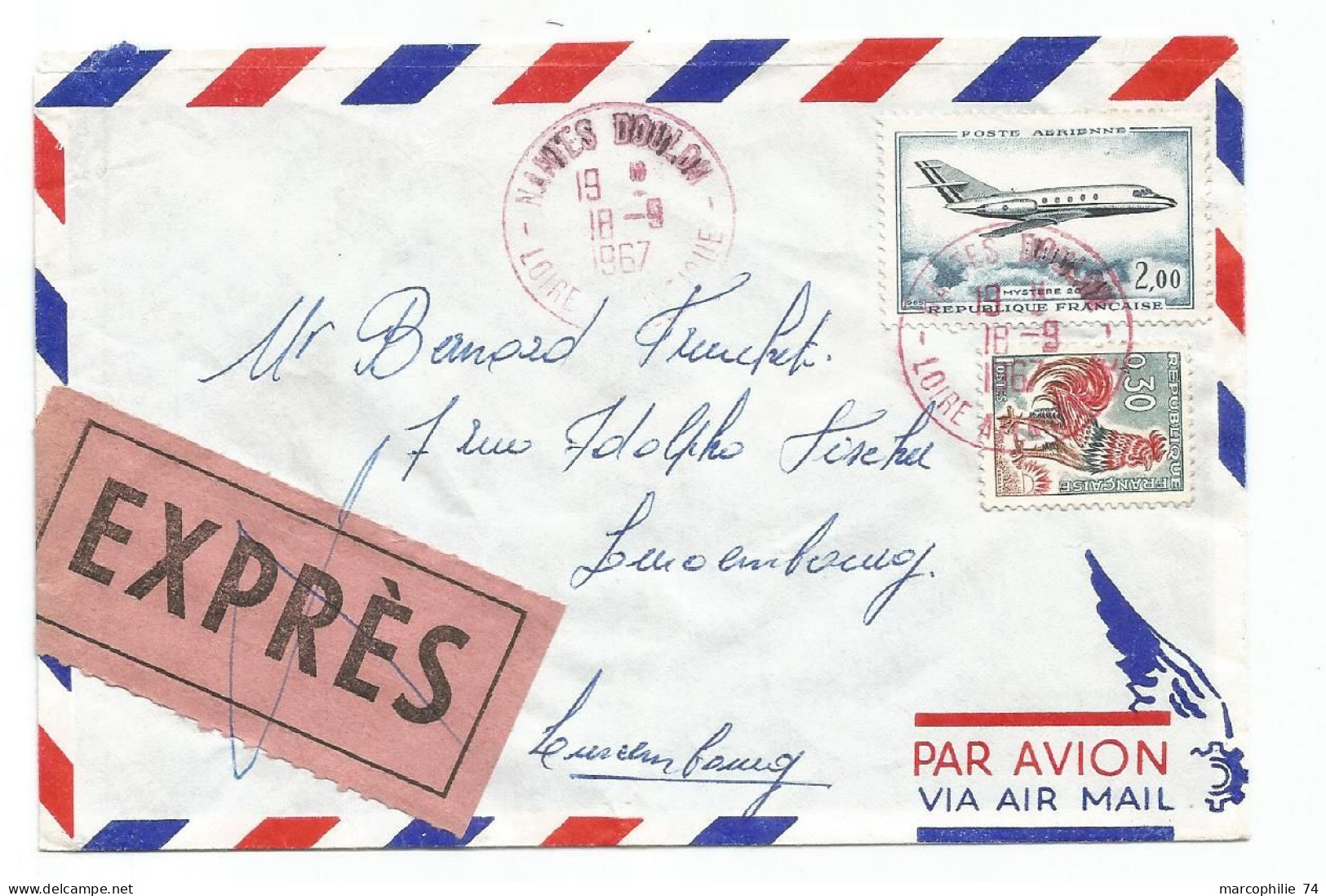 COQ DECARIS 30C+PA 2FR LETTRE EXPRES AVION CACHET ROUGE NANTES DOULON 18.9.1967 POUR LUXEMBOURG  AU TARIF SPECIAL - 1962-1965 Hahn (Decaris)