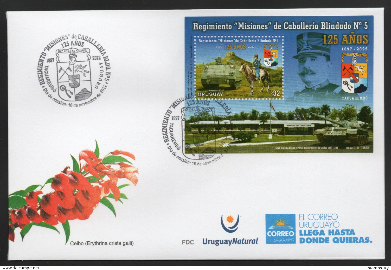 URUGUAY 2022 (Militar, Tanks, Tiran Ti 67, T-55, Armored Vehicles, M113, Winged Horses, Hills, Coat Of Arms) - 1 FDC - Montagnes