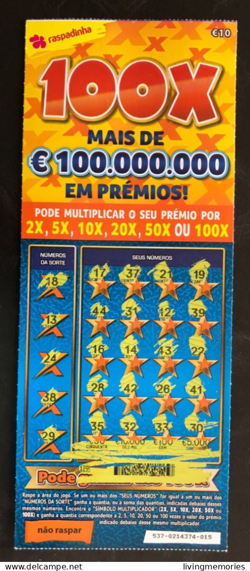 114 G, Lottery Tickets, Portugal, « Raspadinha », « Instant Lottery »,« 100 X MAIS DE € 100.000.000 EM PRÉMIOS », Nº 537 - Billets De Loterie