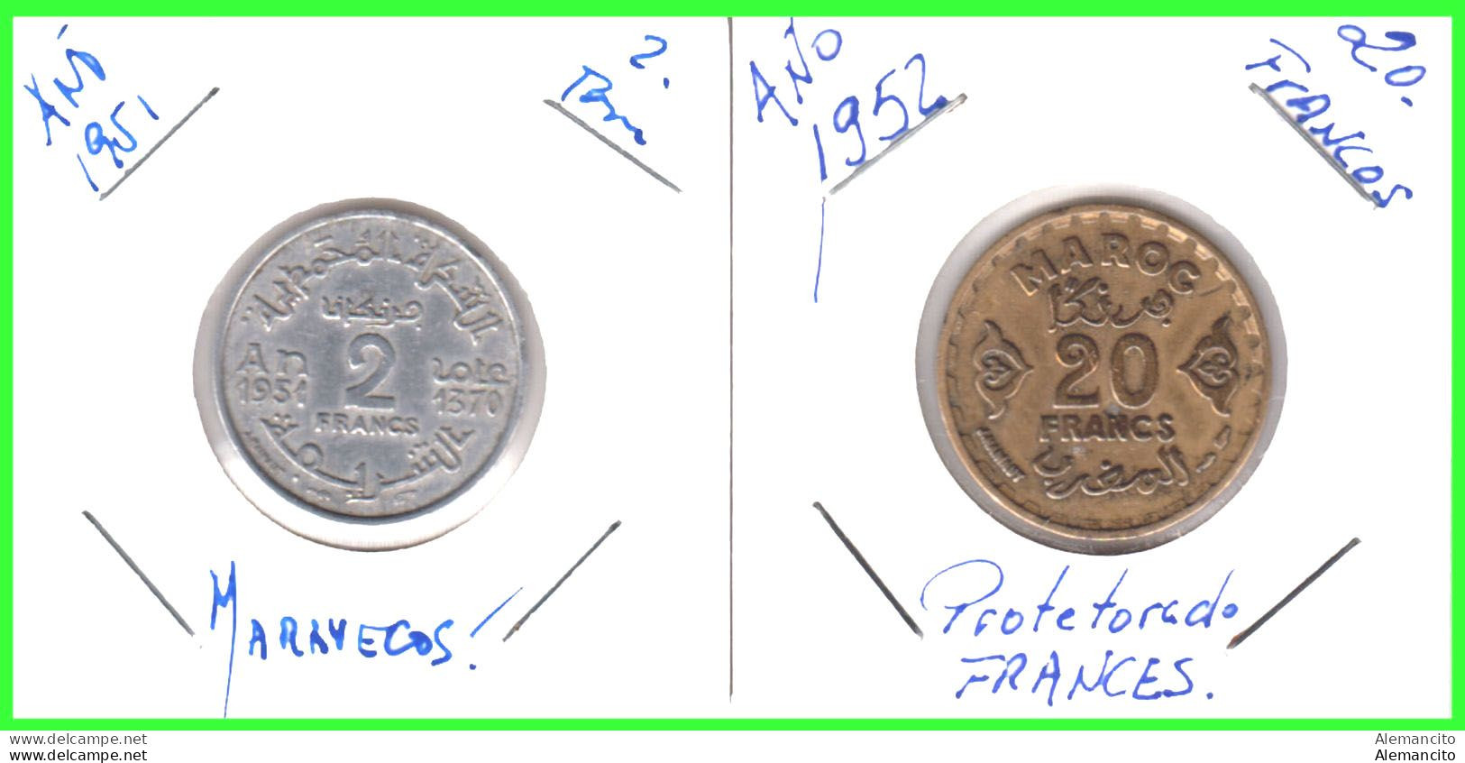 MARRUECOS ( FRANCES ) 2 MONEDAS –  UNA DE 2 FRANCS Y OTRA DE 20 FRANCOS DE LOS AÑOS 1951-52 - Morocco