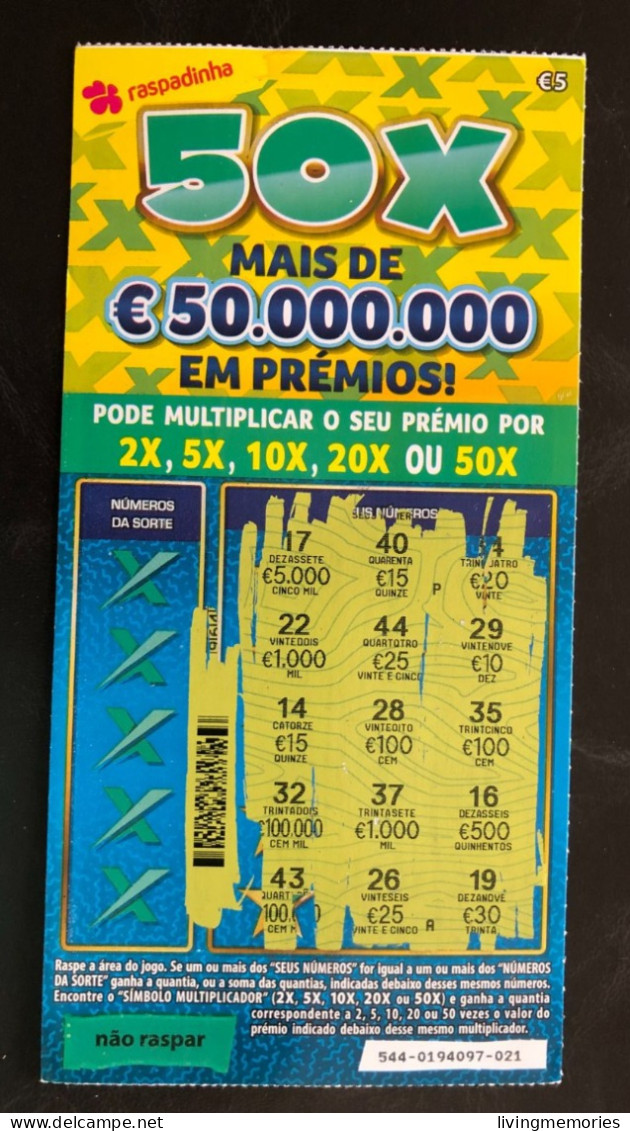 114 G, Lottery Tickets, Portugal, « Raspadinha », « Instant Lottery », « 50 X MAIS DE € 50.000.000 EM PRÉMIOS », Nº 544 - Billets De Loterie