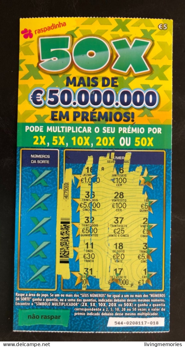 114 G, Lottery Tickets, Portugal, « Raspadinha », « Instant Lottery », « 50 X MAIS DE € 50.000.000 EM PRÉMIOS », Nº 544 - Billets De Loterie