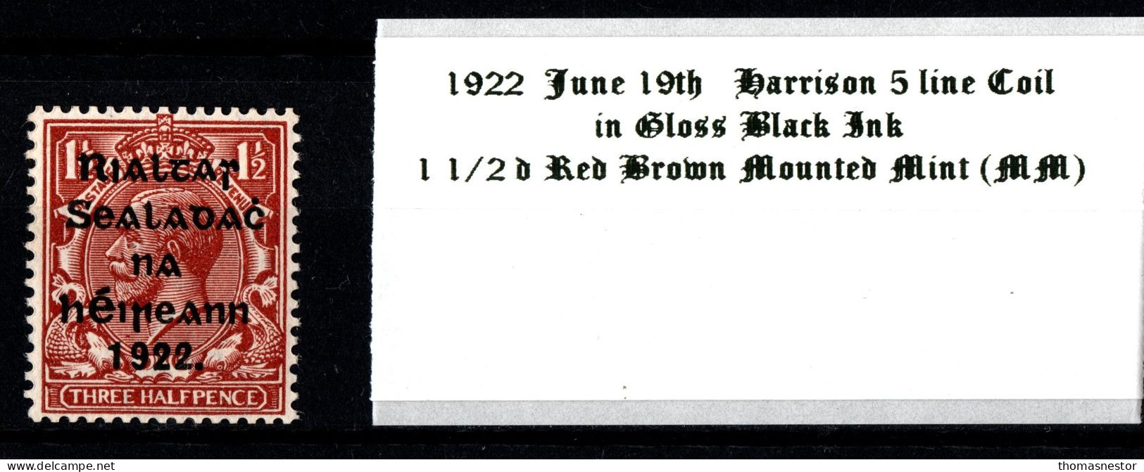 1922 June 19th Harrison Coil 5 Line Overprint Gloss Black Ink 1 1/2 D Red Brown Mounted Mint (MM) - Neufs