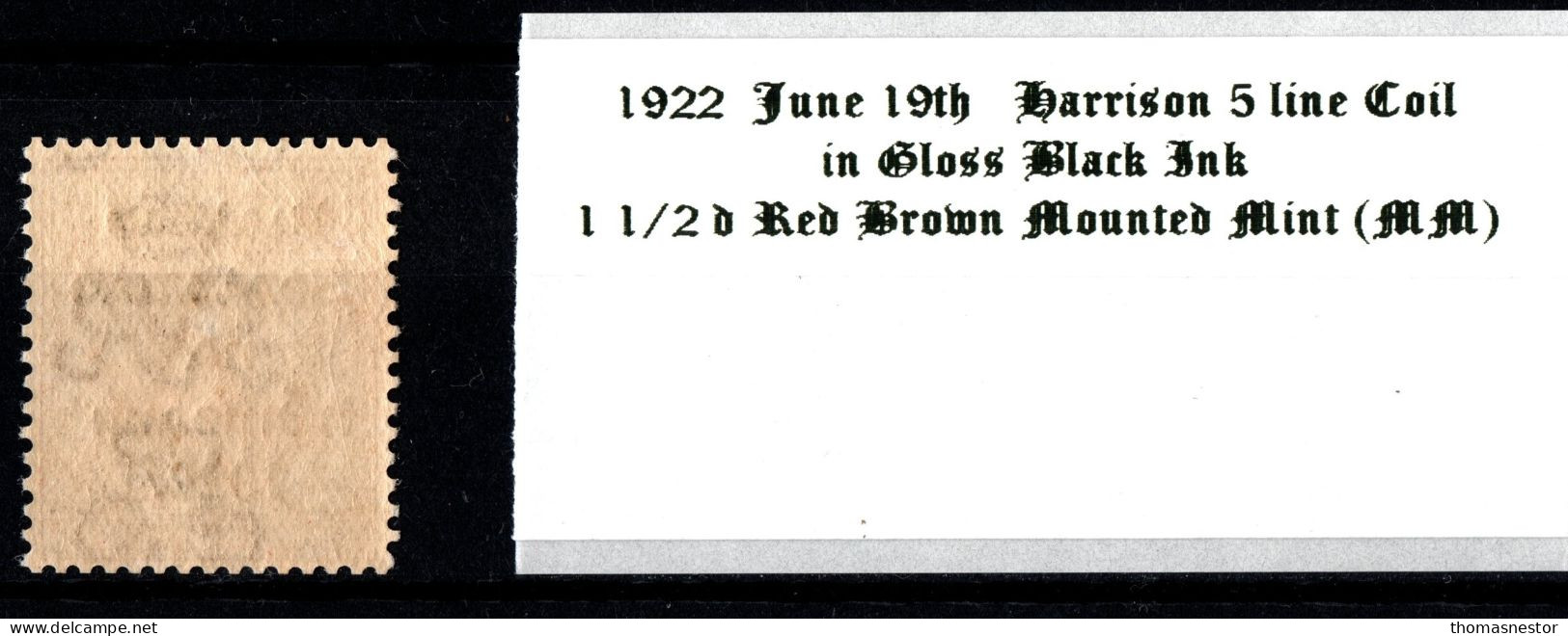 1922 June 19th Harrison Coil 5 Line Overprint Gloss Black Ink 1 1/2 D Red Brown Mounted Mint (MM) - Unused Stamps