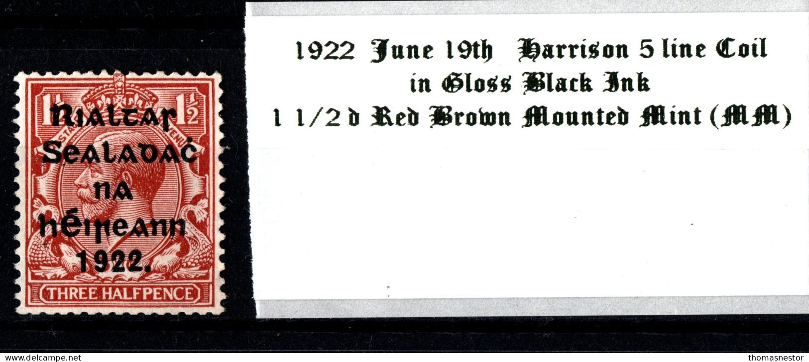 1922 June 19th Harrison Coil 5 Line Overprint  Gloss Black Ink 1 1/2d Red Brown Mounted Mint (MM) - Neufs