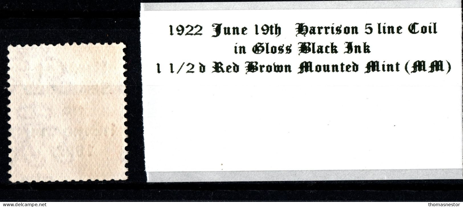 1922 June 19th Harrison Coil 5 Line Overprint  Gloss Black Ink 1 1/2d Red Brown Mounted Mint (MM) - Neufs