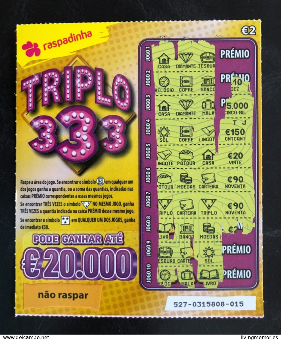 114 G,  PORTUGAL, Lottery Ticket« Raspadinha », « Instant Lottery », « TRIPLO 333 », Nº 527 - Billets De Loterie