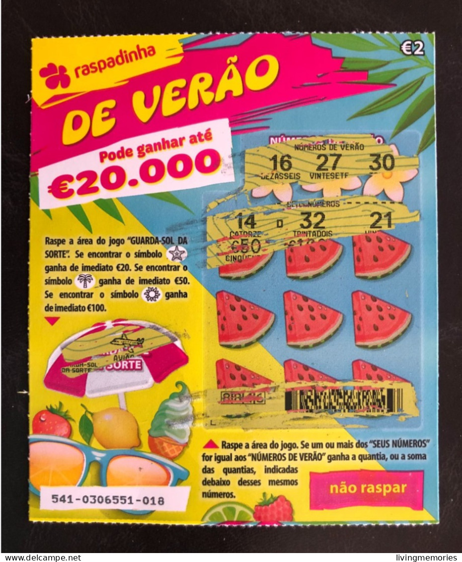 114 G, Lottery Tickets, Portugal, « Raspadinha », « Instant Lottery », « Raspadinha DE VERÃO », « SUMMER », Nº 541 - Billets De Loterie