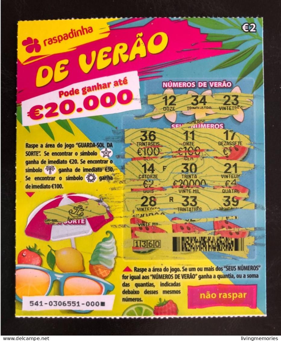 114 G, Lottery Tickets, Portugal, « Raspadinha », « Instant Lottery », « Raspadinha DE VERÃO », « SUMMER », Nº 541 - Billets De Loterie