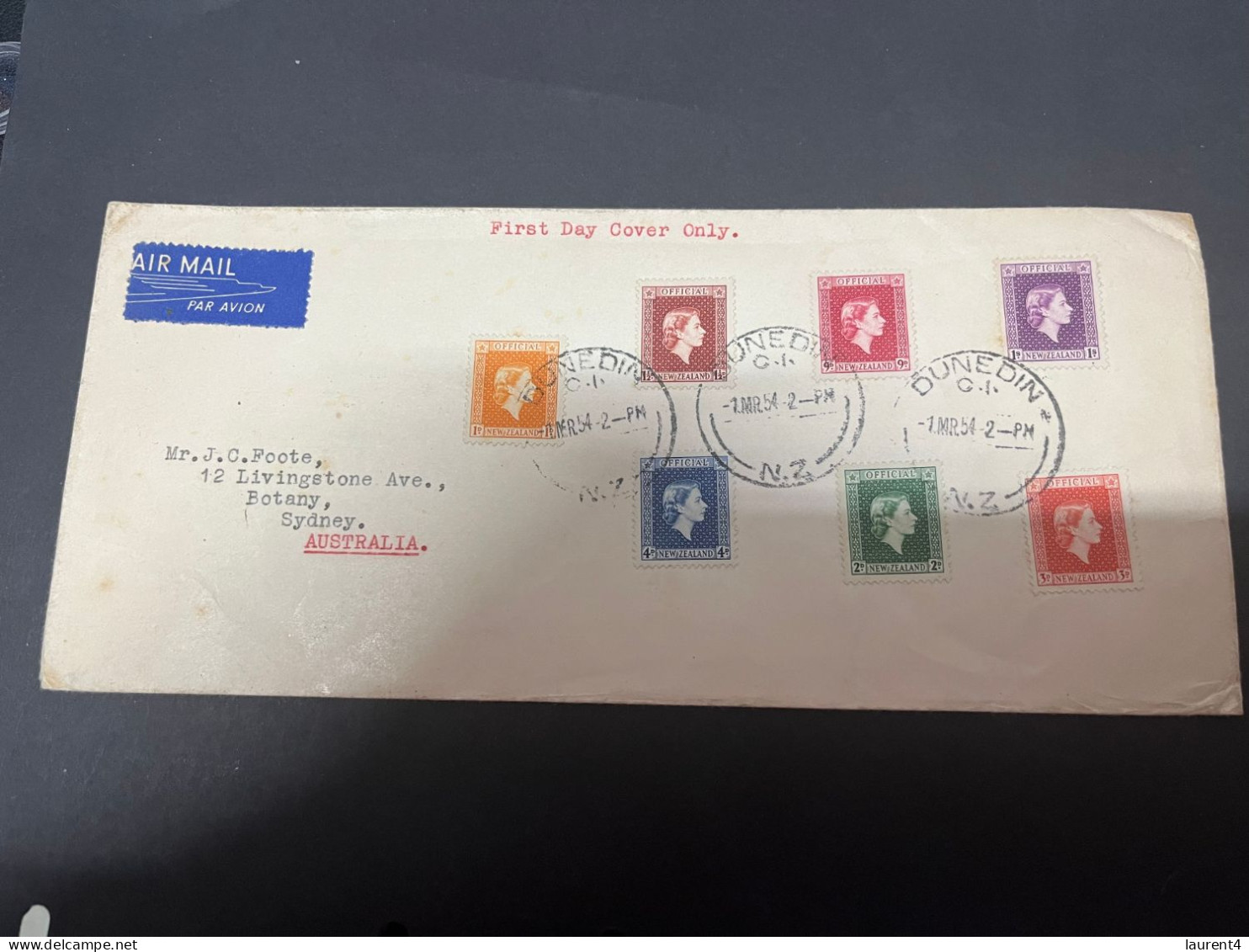 17-9-2023 (1 U 24) New Zeaand FDC Cover Posted To Australia (1954) With Official Set Of 7 Stamps (23 X 10 Cm) - Cartas & Documentos