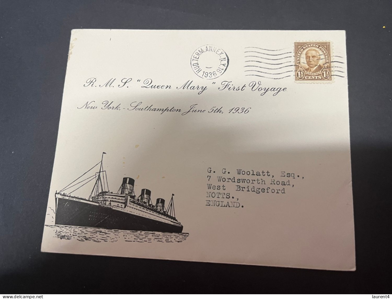 17-9-2023 (1 U 24) USA Cover - 1936 - R.M.S Queen Mary First Voyage From New York To Southampton (16 X 12.8 Cm) - Other (Sea)