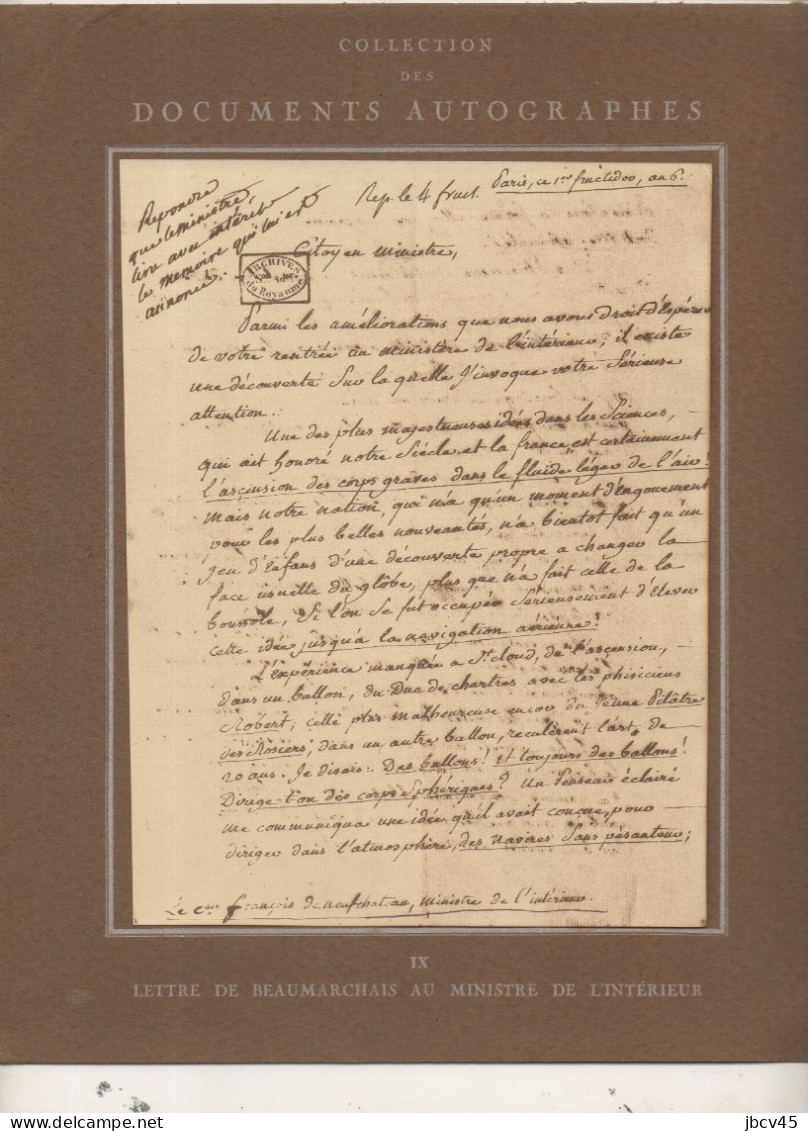 Collection Documents Autographes N°9 Lettre De BEAUMARCHAIS  Au Ministre De L Interieur - Zeitschriften & Kataloge