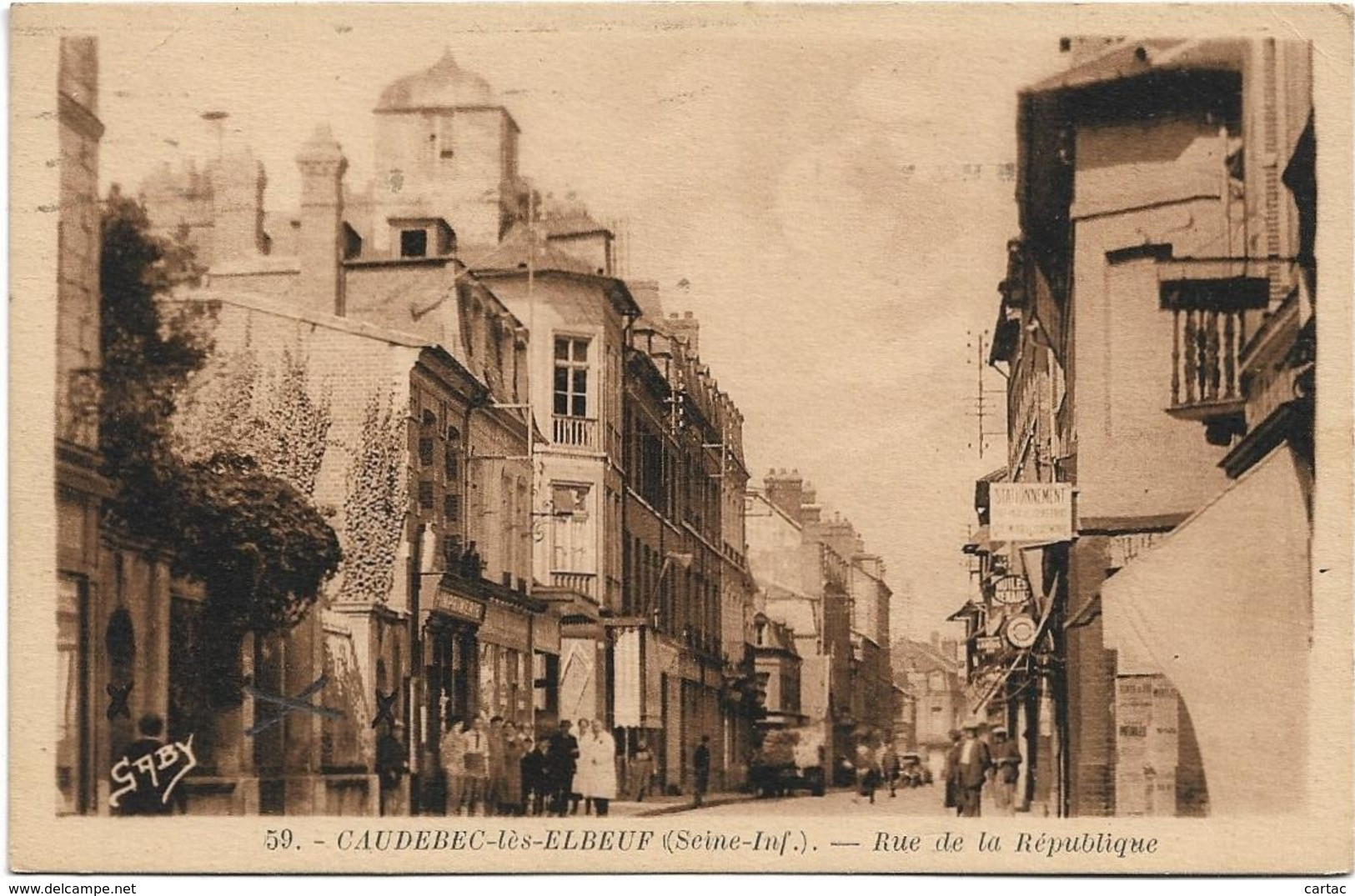 D76 - CAUDEBEC Lès ELBEUF - RUE DE LA REPUBLIQUE - Imprimerie-Panneaux Huile Renault - Plusieurs Personnes- Carte Sépia - Caudebec-lès-Elbeuf