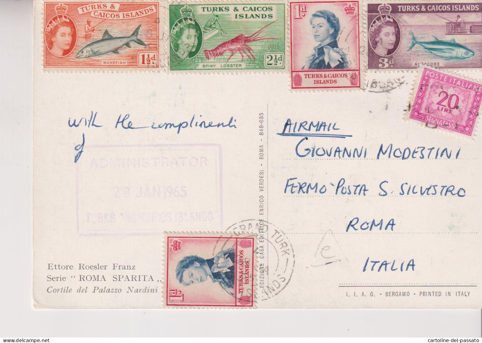 NICE STAMPS STORIA POSTALE TURKS & CAICOS ISLANDS SU CARTOLINA ROMA - Antillen