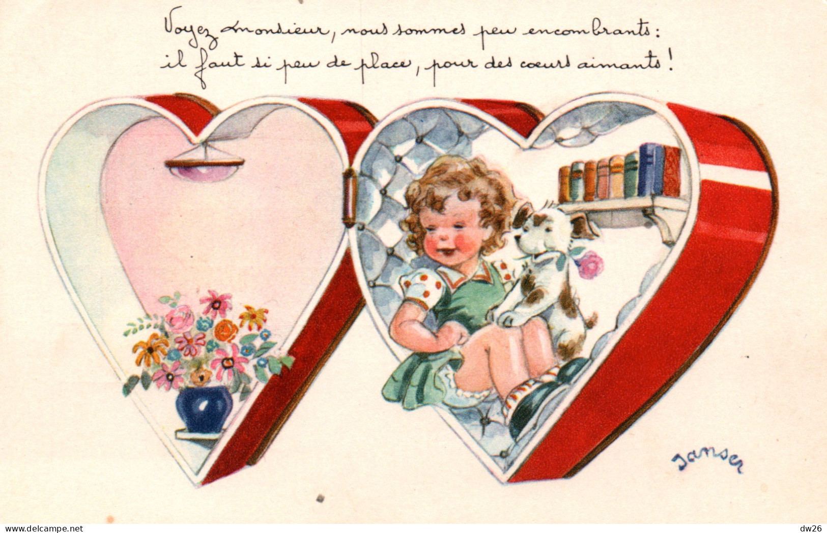 Illustration Janser: Fillette Dans Un Coeur Avec Son Chien (Voyez Monsieur...) Carte Non Circulée - Janser