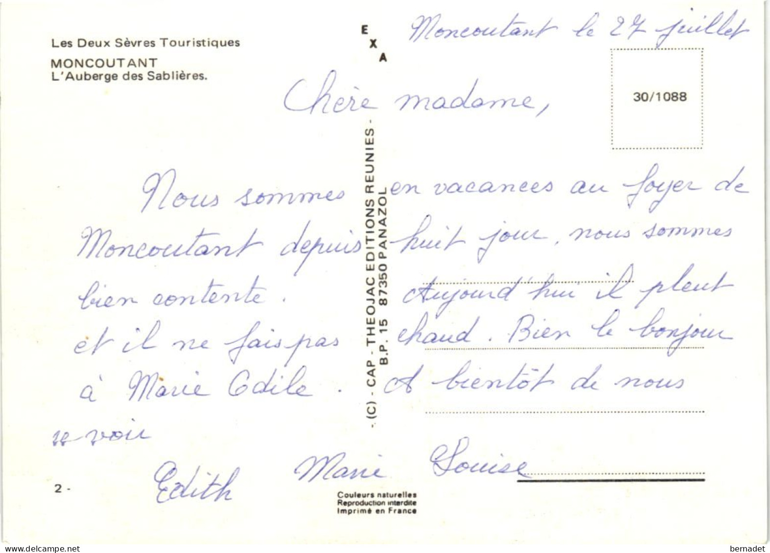 79 . MONCOUTANT . L AUBERGE DES SABLIERES     (Trait Blanc Pas Sur Original ) - Moncoutant