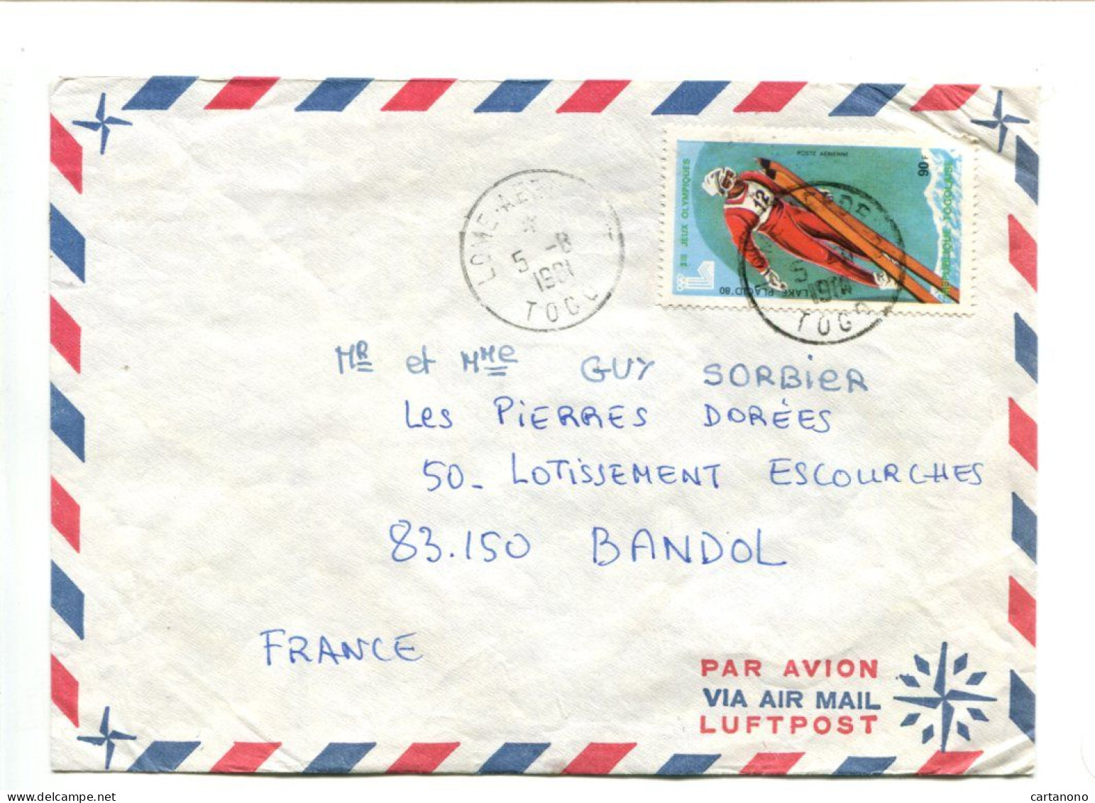 République Togolaise -  Affranchissement Sur Lettre Par Avion - J.O. Lake Placid'80 Saut à Ski - Skiing