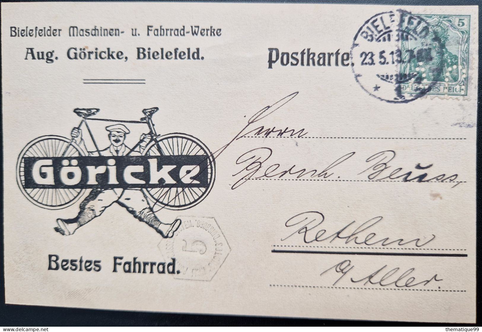 Carte D'Allemagne (1913) Avec Timbre Perforé AG (perfin) Thème Vélo Cyclisme, Göricke Bielefeld - Wielrennen