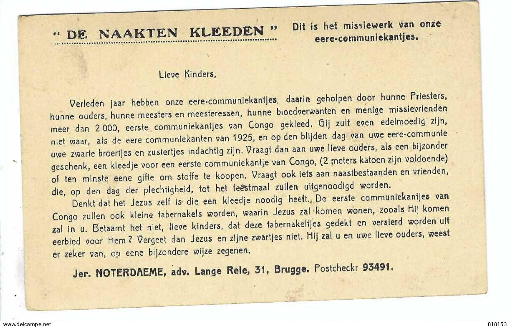 Groep Eerste Communiekantjes V Onze Missiën In 1925 Gekleed Door Het Werk "De Naakte Kleeden" - Missions