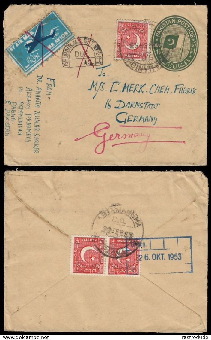 1953 PAKISTAN UPRATED 1½As AIRMAIL POSTAGE DUE POSTAL STATIONERY ENVELOPE (H&G 3) ASTAMANISHA TO GERMANY - Pakistán