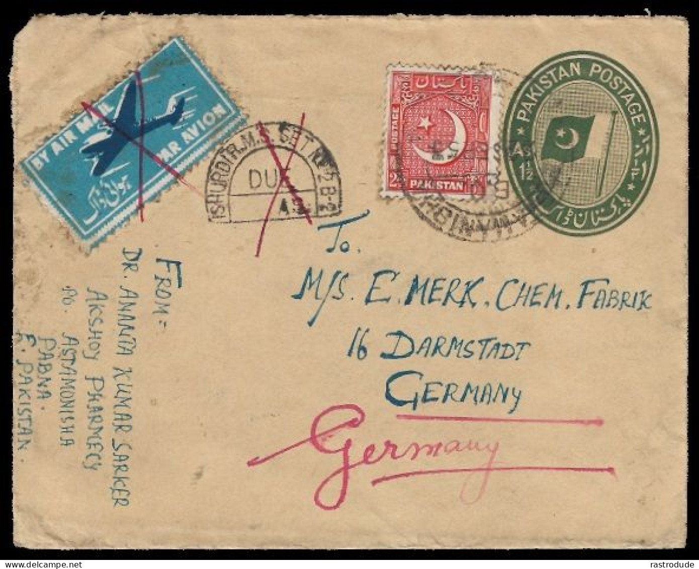 1953 PAKISTAN UPRATED 1½As AIRMAIL POSTAGE DUE POSTAL STATIONERY ENVELOPE (H&G 3) ASTAMANISHA TO GERMANY - Pakistán