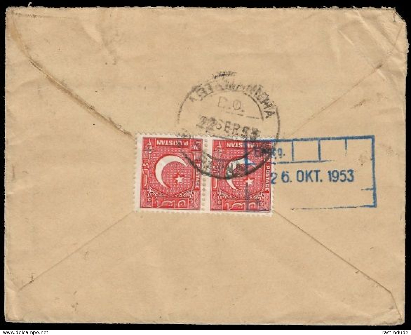 1953 PAKISTAN UPRATED 1½As AIRMAIL POSTAGE DUE POSTAL STATIONERY ENVELOPE (H&G 3) ASTAMANISHA TO GERMANY - Pakistán