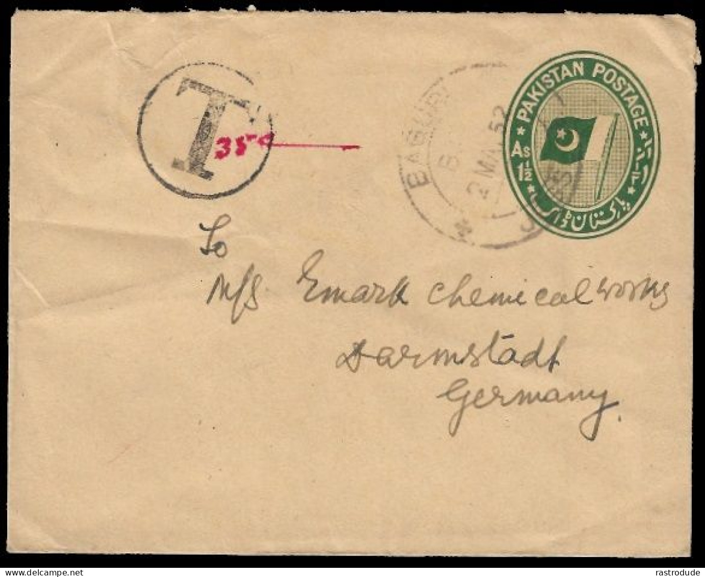 1952 PAKISTAN 1½As  POSTAGE DUE POSTAL STATIONERY ENVELOPE (H&G 3) TO GERMANY - Pakistán