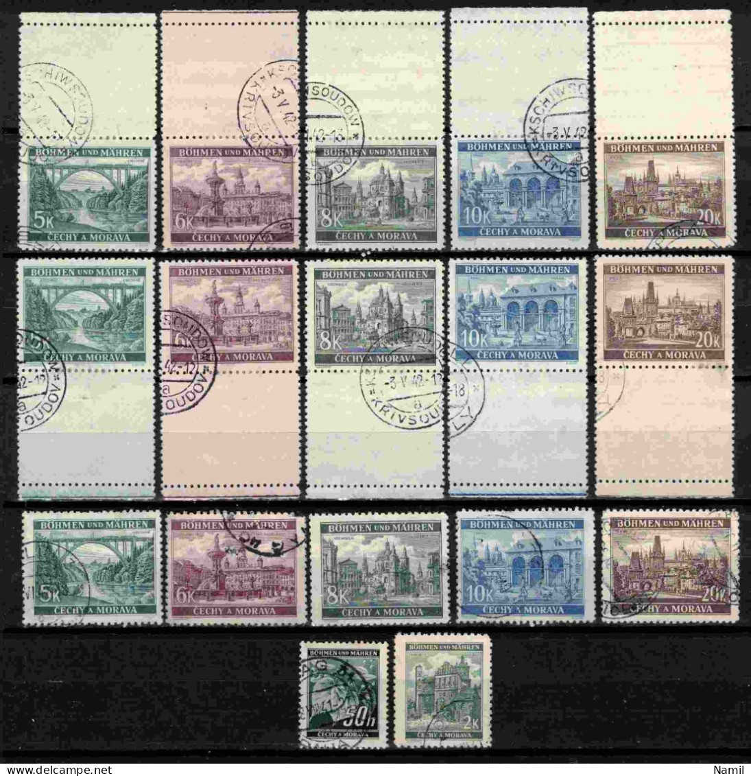 Boheme Et Moravie 1940 Mi 55-61+Zf (Yv 43+56-60+vignettes), Obliteré, - Used Stamps