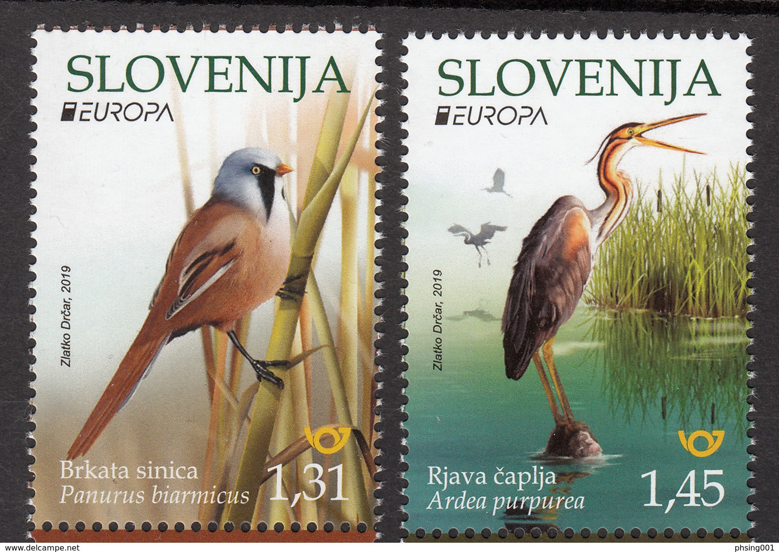 Slovenia 2019 Europa CEPT Natioal Birds Fauna Heron Panurus Biarmicus Ardea Purpurea, Set MNH - 2019