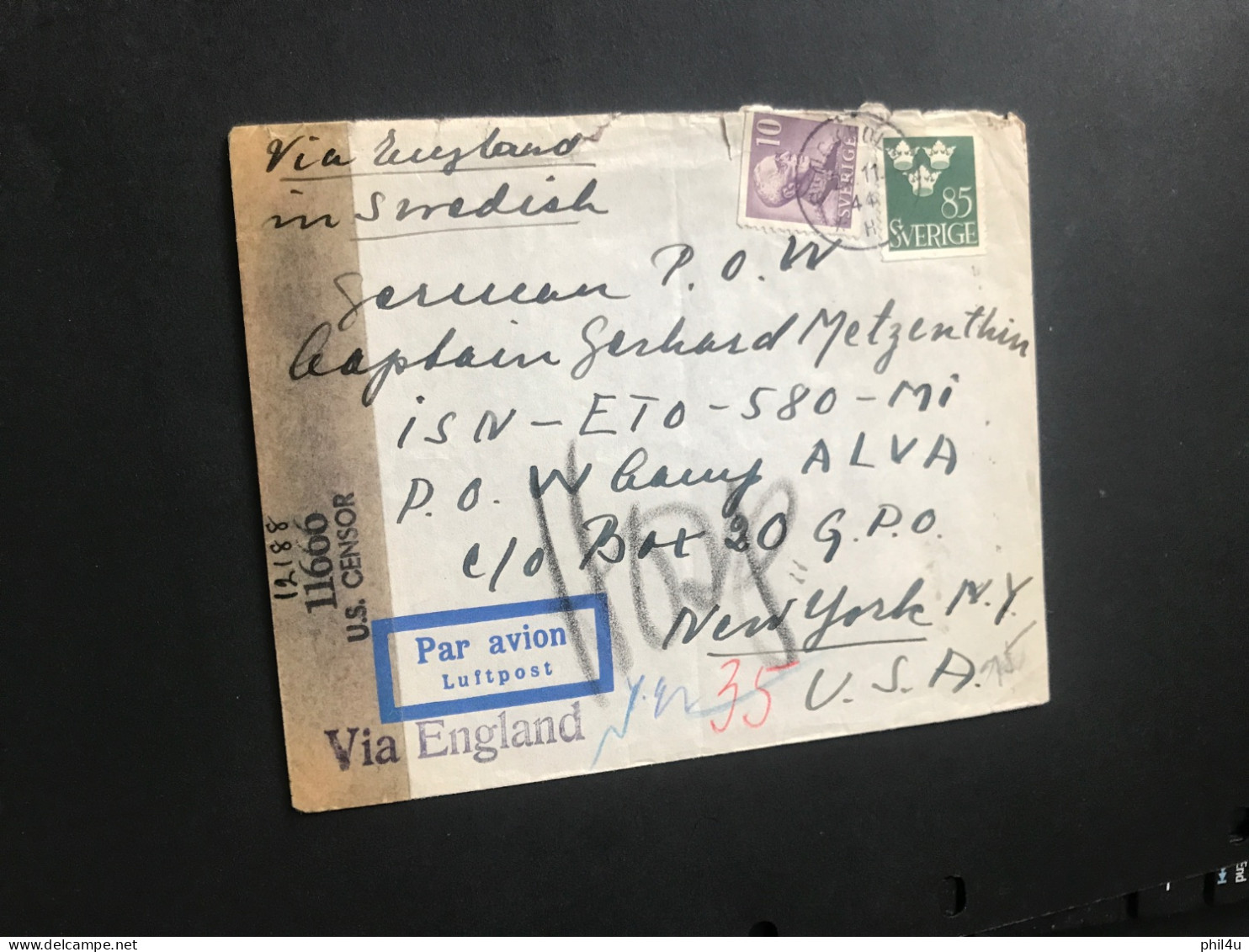 1944 WW2 Prisoner Of War Cover Sweden To New York U.S.A. See Photos Always Welcome Your Offers - Militärmarken