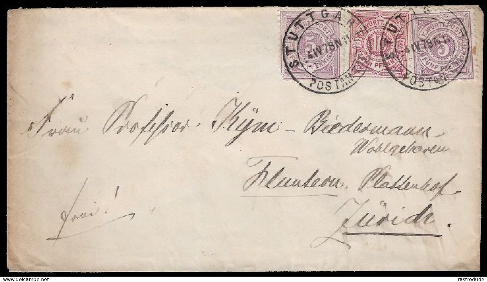 1878 WÜRTTEMBERG MiF 5Pf(2), 10Pf STUTTGART  N. FLUNTERN, ZÜRICH SCHWEIZ - Storia Postale