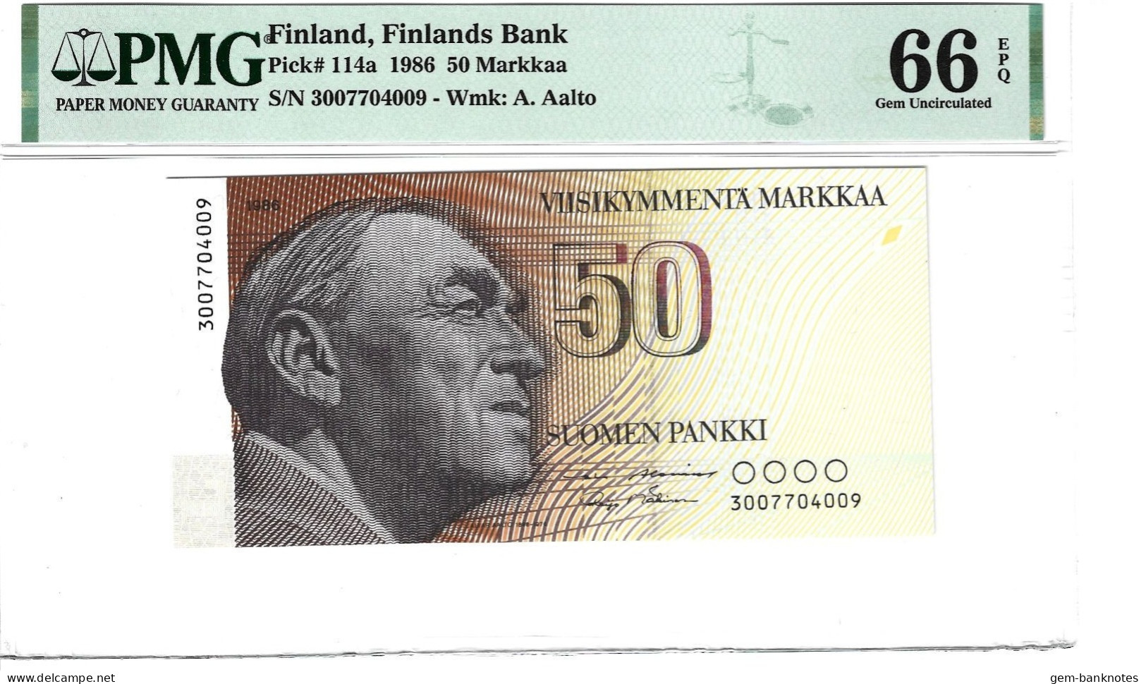 Finland 50 Markkaa 1986 P114a Graded 66 EPQ Gem Uncirculated By PMG - Finlandia