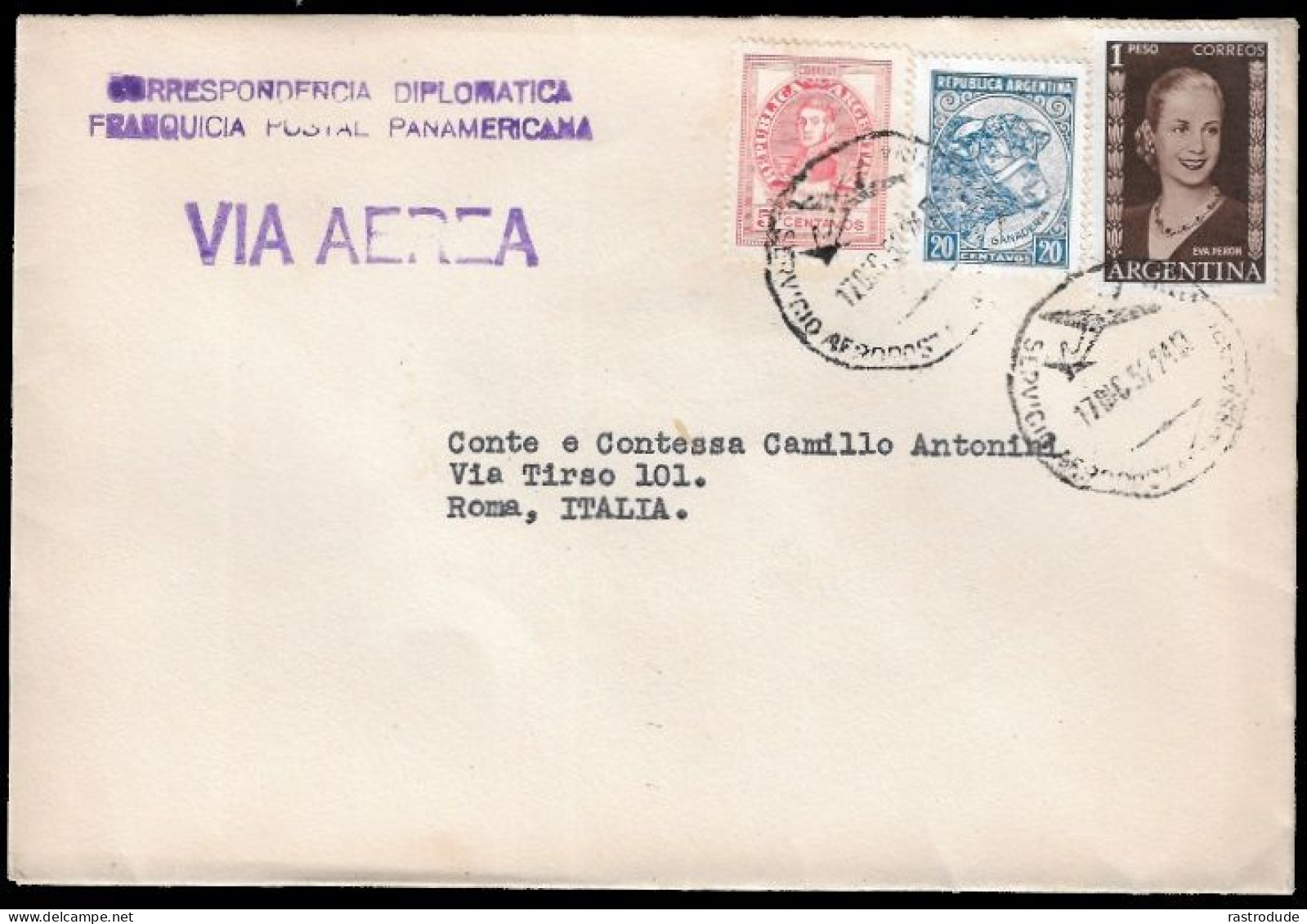 1952 ARGENTINA To ITALY AIRMAIL -  CORRESPONDENCIA DIPLOMATICA FRANQUICIA POSTAL PANAMERICANA - Storia Postale